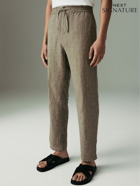 Neutral Regular Tapered Fit 100% Linen Signature Elasticated Waist Drawstring Trousers (AG4133) | £40