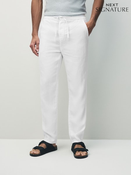 White Regular Tapered Fit 100% Linen Signature Elasticated Waist Drawstring Trousers (AG4137) | £40