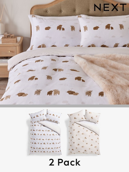 2 Pack Natural Hamish the Highland Cow Reversible Duvet Cover and Pillowcase Set (AG4315) | £27 - £59