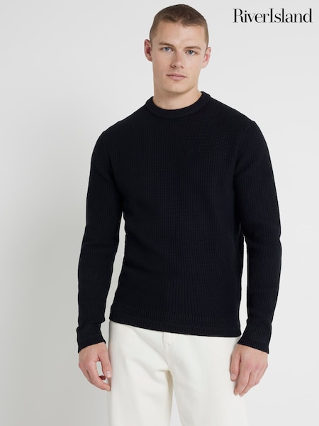 River Island Black Slim Fit Long Sleeve Waffle Crew Sweatshirt (AG4540) | £30