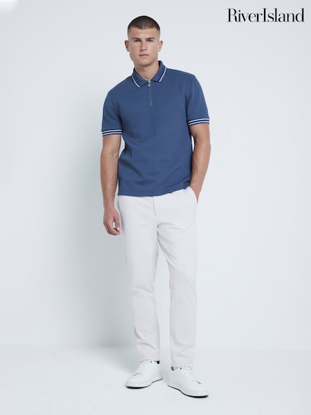 River Island Blue Slim Fit Quilted 100% Cotton Polo Shirt (AG4543) | £30