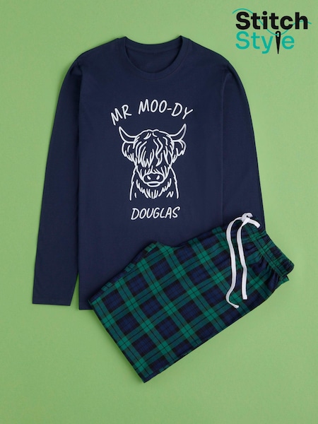 Personalised Mens "MR MOO-DY" Highland Cow 100% Cotton Pyjamas by Stitch Style (AG4650) | £35