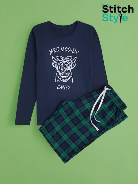 Personalised Womens "MRS MOO-DY" Highland Cow 100% Cotton Pyjamas by Stitch Style (AG4658) | £32