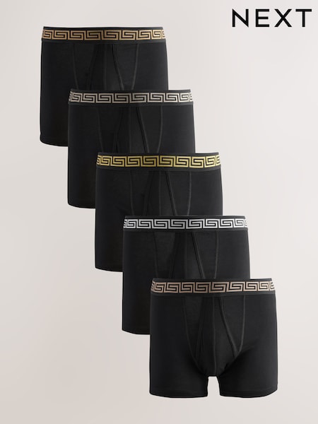 Black Metallic Pattern Waistband 5 Pack A-Front Cotton Rich Boxers (AG4672) | £27