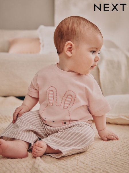 White/ Pink Bunny Stripe Baby 100% Cotton T-Shirt and Wide Leg Trousers Set 2 Piece (AG4685) | £15 - £17