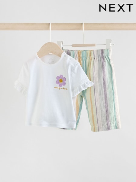 White and Multi Stripe 100% Cotton T-Shirt and Wide Leg Trousers Set 2 Piece (AG4689) | £13 - £15