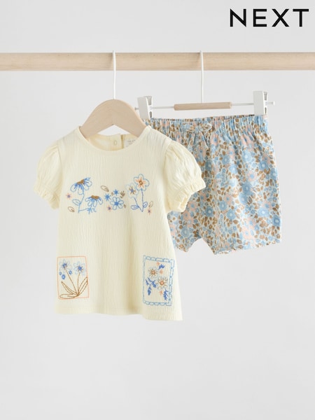 Ecru and Blue Floral Baby Puff Sleeve T-Shirt and Shorts 2 Piece Set (AG4693) | £14 - £16