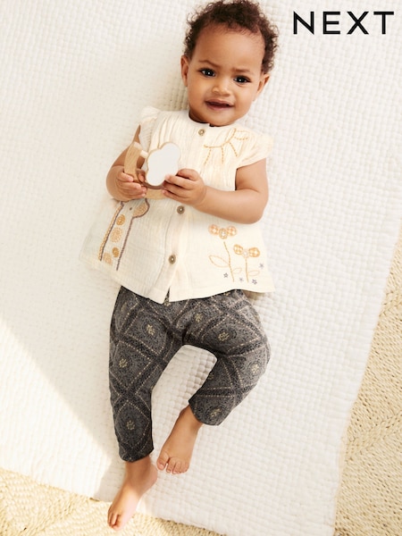 Ecru and Monochrome Printed 100% Cotton Woven Baby Stitched Animal Top and Printed Legging Set (AG4705) | £19 - £21