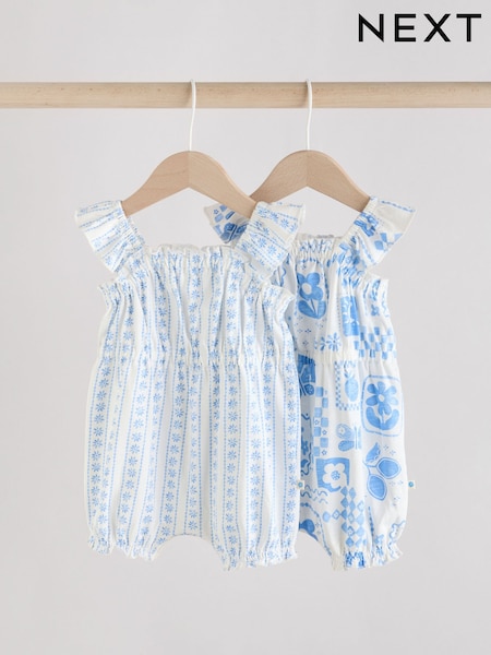 Blue Floral Print 100% Cotton Baby Rompers 2 Pack (AG4741) | £13 - £17