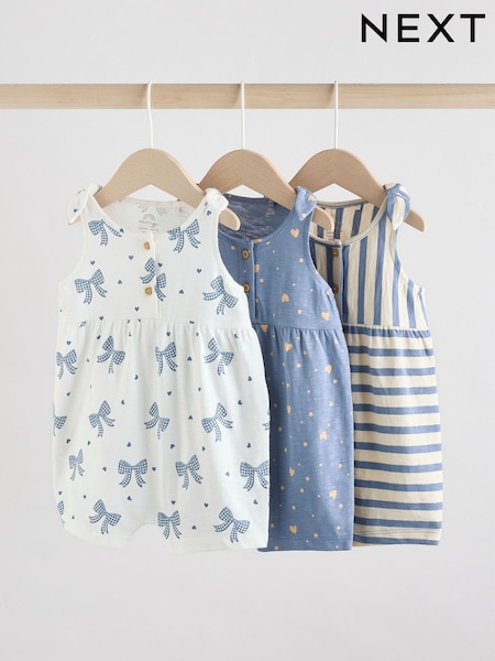 Navy Stripe and Bow Printed 100% Cotton Baby Jersey Rompers 3 Pack (AG4759) | £18 - £22