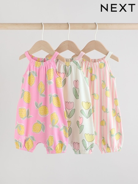 Pink and White Printed Fruit Baby Strappy Rompers 3 Pack (AG4762) | £18 - £22