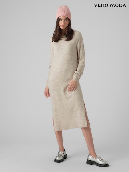 VERO MODA Cream Round Neck Knitted Midi Dress With Side Split (AG4787) | £38