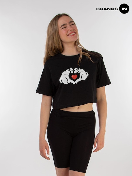 Brands In Black Womens Disney Mickey Mouse Heart Hands Cropped 100% Cotton T-Shirt (AG4925) | £25