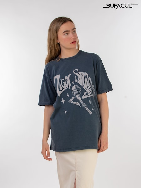 Supacult Grey David Bowie Ziggy Pose Women Stone Black Washed Music T-Shirt (AG4926) | £44