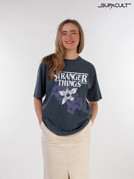 Supacult Grey Women Netflix Stranger Things Flower Logo Washed T-Shirt (AG4928) | £40