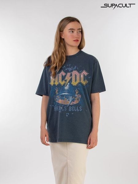 Supacult Grey ACDC Hells Bells Women Stone Black Washed Music T-Shirt (AG4929) | £44