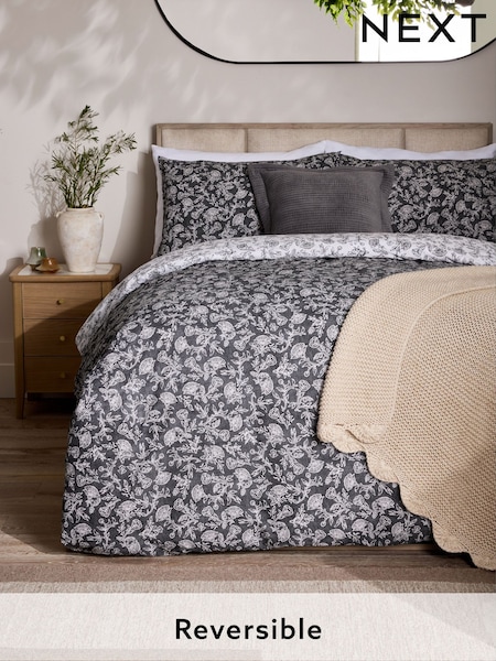 Black/White 100% Cotton Floral Reversible Duvet Cover and Pillowcase Set (AG5044) | £25 - £55