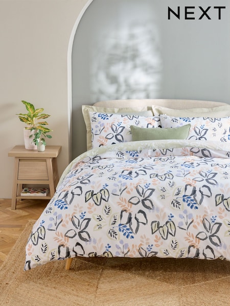 Green Floral Leaf 100% Cotton Reversible Printed Duvet Cover and Pillowcase Set (AG5049) | £20 - £50