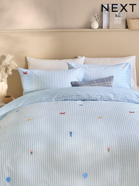 Blue 100% Cotton Stripe Summer Icons Reversible Duvet Cover and Pillowcase Set (AG5104) | £35 - £65