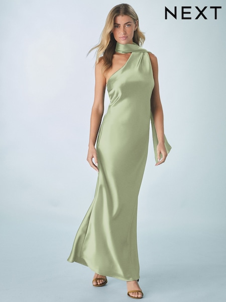 Sage Green Bridesmaid Satin Maxi One Shoulder Scarf Neck Dress (AG5159) | £75