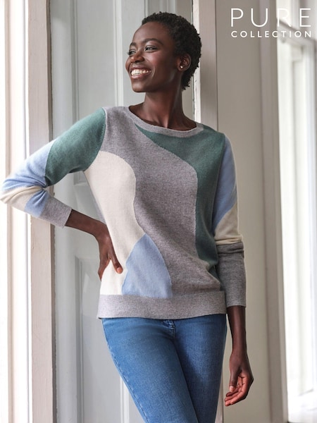 Pure Collection Wool Cashmere Abstract Intarsia Crew Neck White Jumper (AG5198) | £150