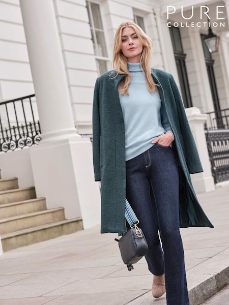 Pure Collection Green Boucle Wool Funnel Neck Coat (AG5231) | £199