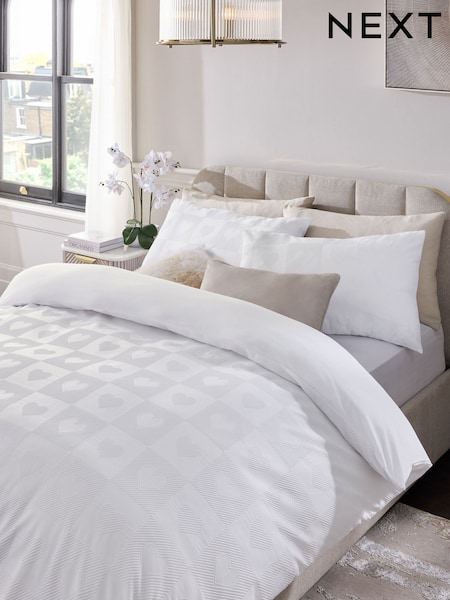 White Heart Textured Duvet Cover and Pillowcase Set (AG5268) | £28 - £58