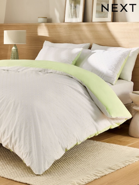 White/Green 100% Cotton Spot Dobby Duvet Cover and Pillowcase Set (AG5271) | £45 - £75