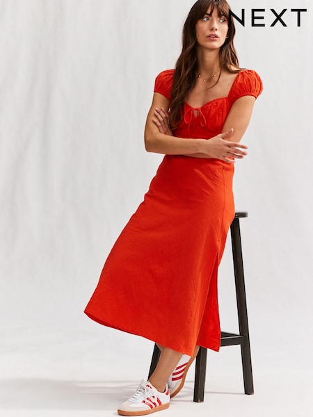 Bright Red Puff Sleeve Midi Dress (AG5306) | £42