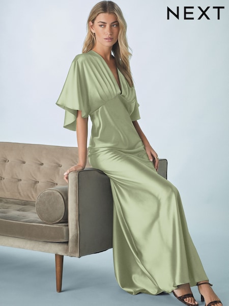Sage Green Bridesmaid Satin Flutter Sleeve Maxi Dress (AG5320) | £80