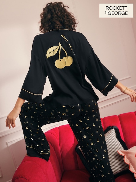 Rockett St George Black and Gold Cherries Satin Button Through Pyjamas (AG5703) | £62