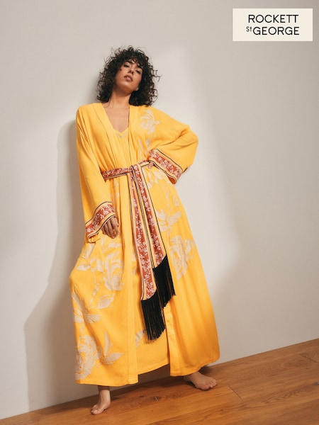 Rockett St George Ochre Yellow Floral Print Embroidered Robe (AG5708) | £72