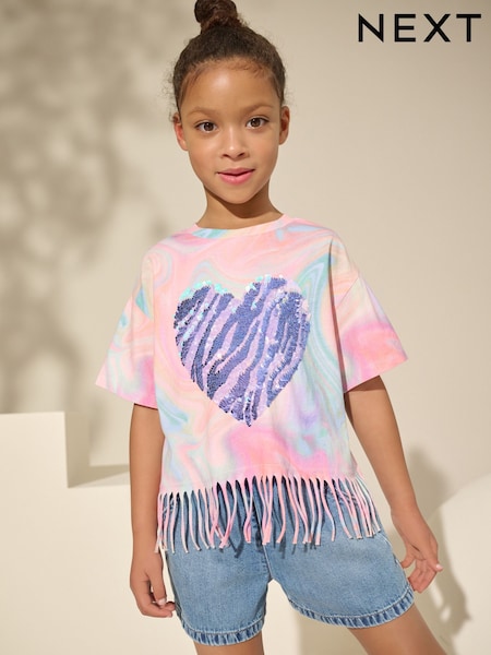 Pink/Blue Sequin Heart Fringe T-Shirt (3-16yrs) (AG5735) | £11 - £16