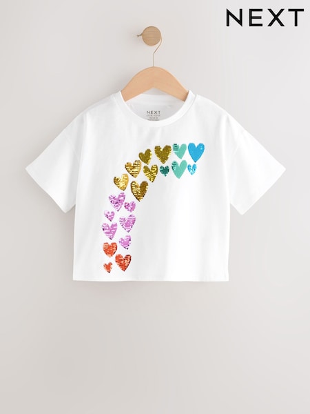 White Gold Sequin Heart Print T-Shirt (3-16yrs) (AG5846) | £12 - £17