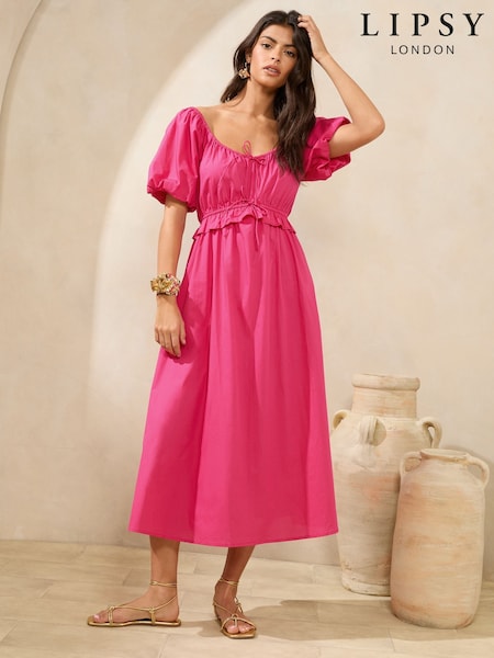 Lipsy Pink 100% Cotton Short Sleeve Poplin Midi Dress (AG5873) | £49