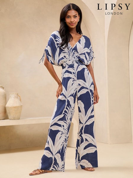 Lipsy Navy Palm Print Crinkle Jumpsuit (AG5885) | £45