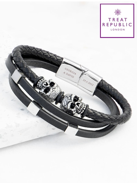 Mens Personalised Skulls Leather Rope Bracelet by Treat Republic (AG5977) | £36