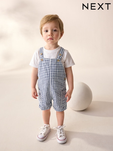 Navy/White Gingham Linen Blend Dungarees (3mths-7yrs) (AG7306) | £15 - £19