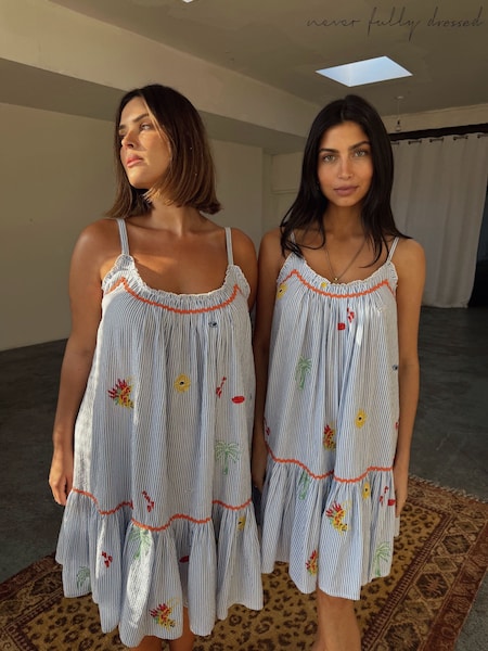Never Fully Dressed Blue Seersucker Embroidered 100% Cotton Slip Dress (AG8154) | £59