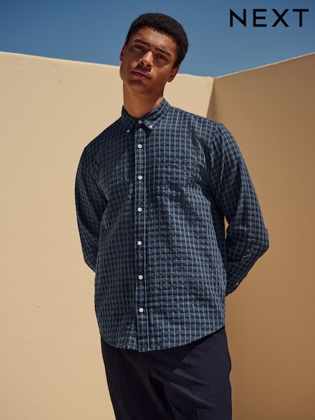 Navy Blue Check Long Sleeve 100% Cotton Shirt (AG8163) | £35