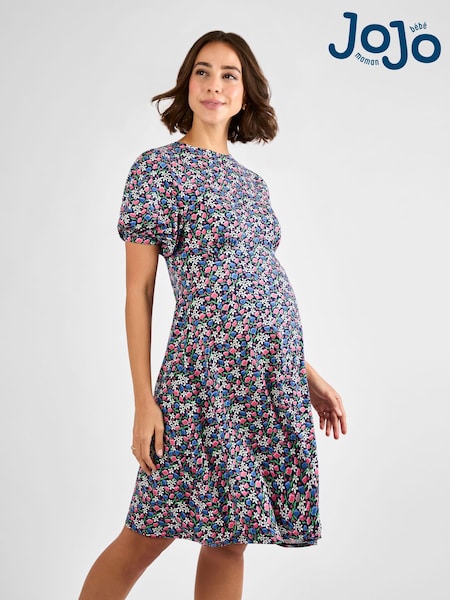 JoJo Maman Bébé Navy Maternity Floral Print Puff Sleeve Jersey Tea Dress (AG8194) | £42.50