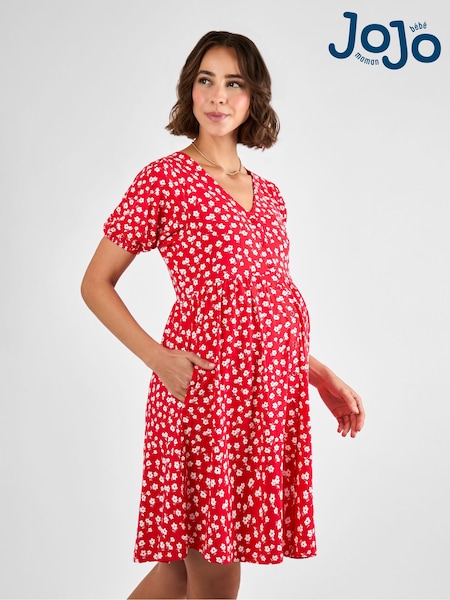 JoJo Maman Bébé Red Ditsy Button Through Maternity Jersey Dress (AG8208) | £42.50
