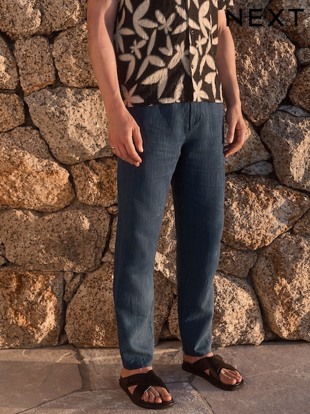Navy Stripe Regular Tapered Fit 100% Linen Signature Elasticated Waist Drawstring Trousers (AG8416) | £45
