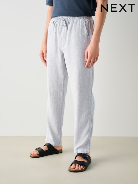 Light Grey Regular Tapered Fit Textured Linen Cotton Elasticated Drawstring Trousers (AG8420) | £32