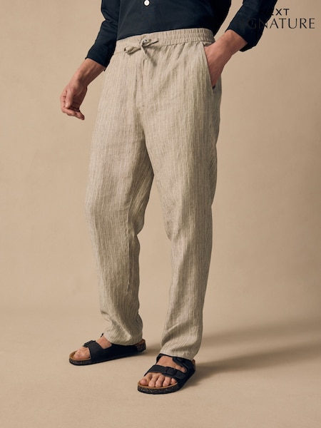 Neutral Stripe Regular Tapered Fit 100% Linen Signature Elasticated Waist Drawstring Trousers (AG8422) | £45