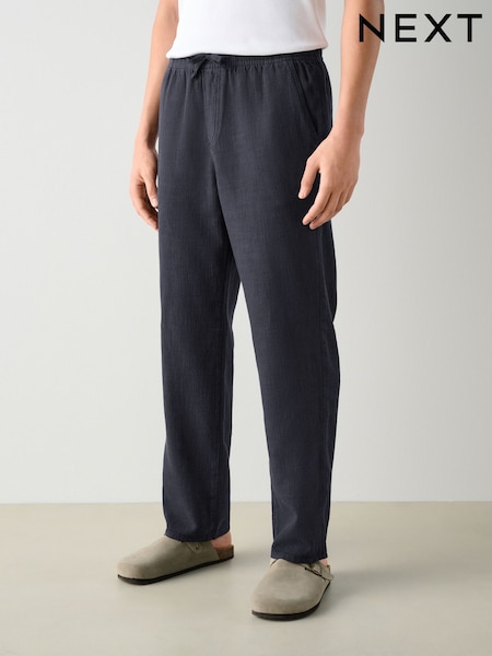 Navy Blue Textured Elasticated Waist 100% Cotton Trousers (AG8427) | £32
