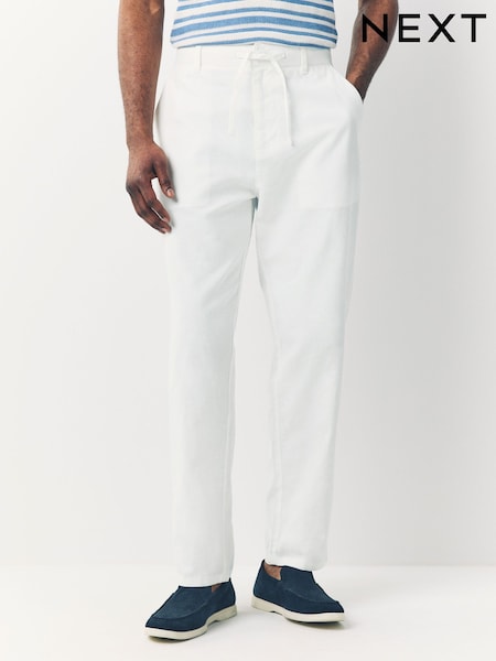 White Regular Tapered Fit Linen Cotton Chino Trousers (AG8442) | £30