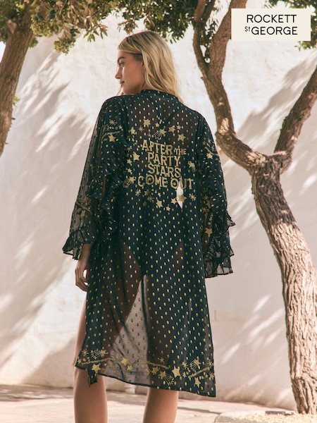 Rockett St George Black Embroidered Long Line Kimono (AG8464) | £85