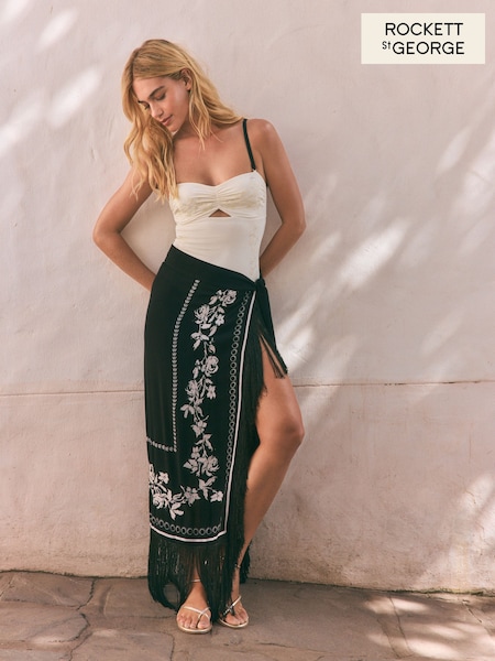 Rockett St George Black Mono Embroidered Tassel Sarong (AG8473) | £54