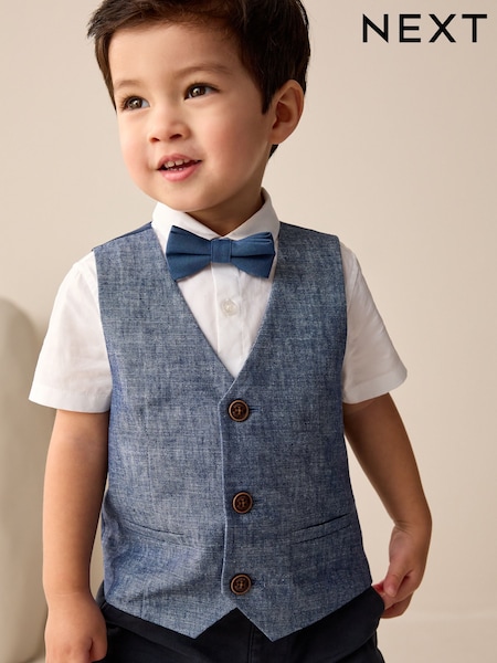 Navy Cotton/Linen Blend Waistcoat, Shirt & Bow Tie Set (3mths-9yrs) (AG8616) | £28 - £32